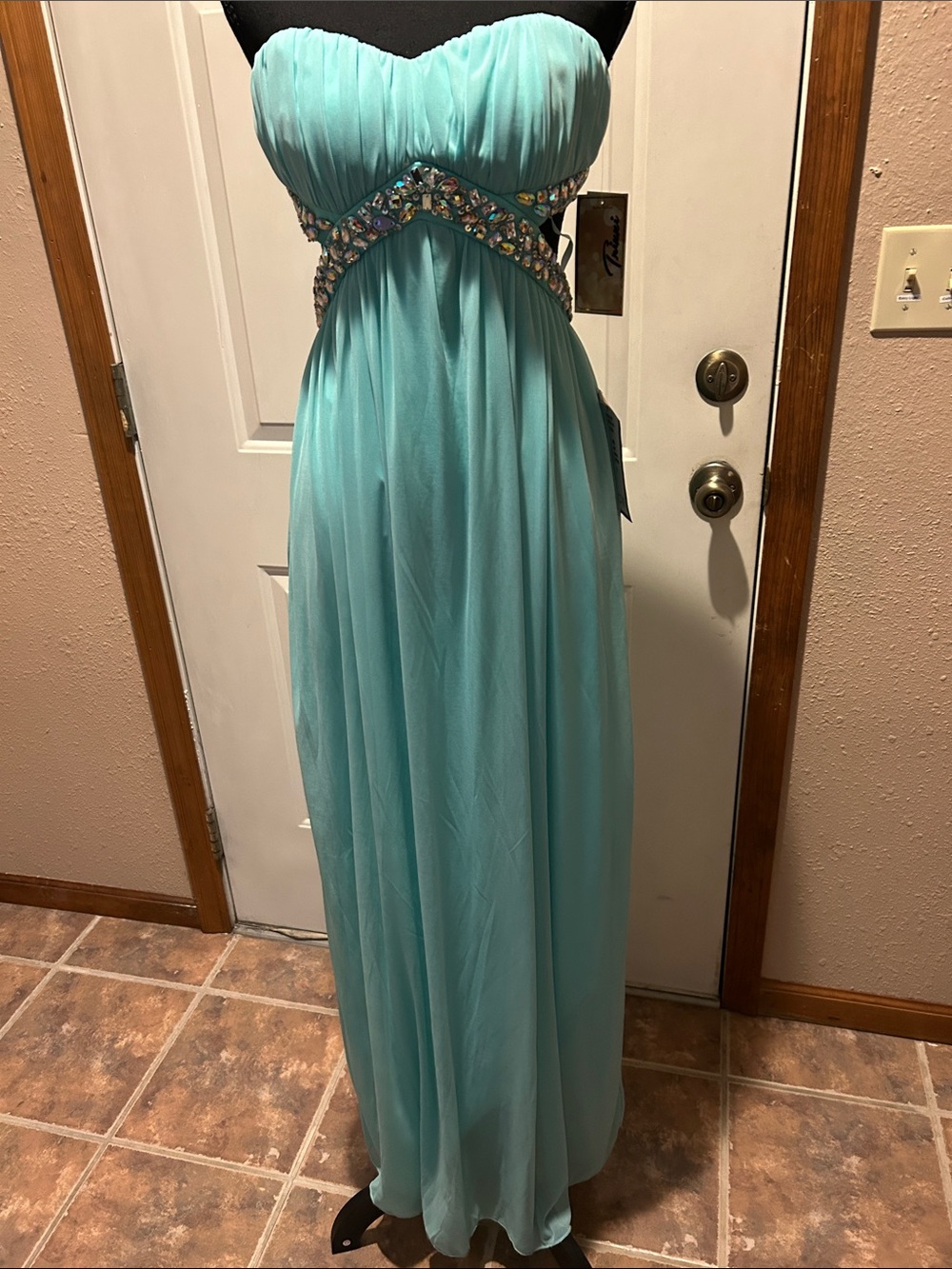 Strapless Beaded Empire Waist Special Occasional Dress in Aqua